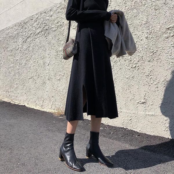 

skirts sanmuzi store high waist slim split knit skirt female autumn and winter fashion loose long section a word umbrella, Black