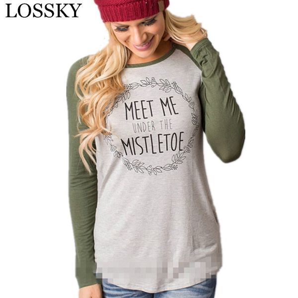 

meet me letter print christmas t shirt casual round neck long sleeve patchwork women's autumn t-shirt plus size tshirt tee 210520, White