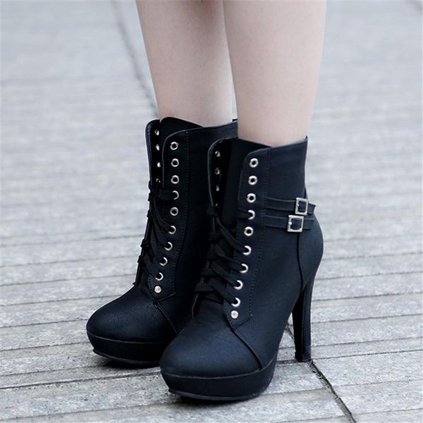 

boots platform high heels female ankle for women lace up shoes woman buckle short casual ladies footwear, Black