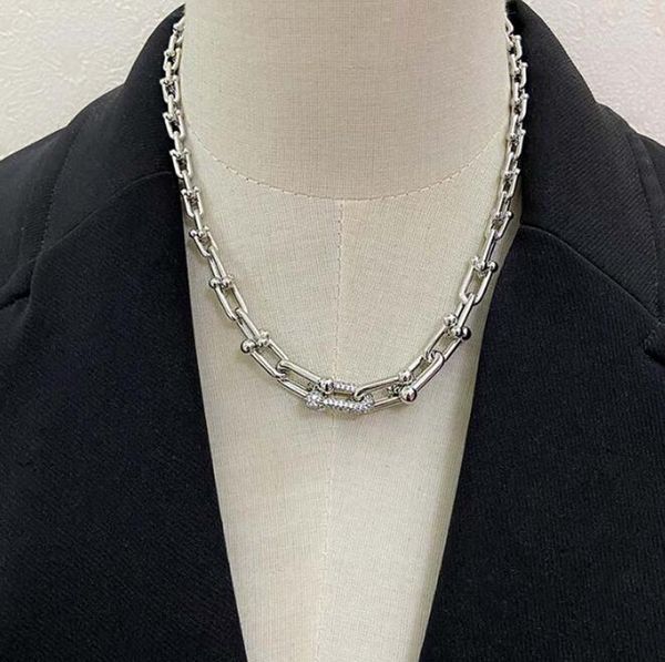 

chains cool u-shaped ins korean girls summer thick necklace classic punk shiny rhinestone knot lock trend neck chain, Silver