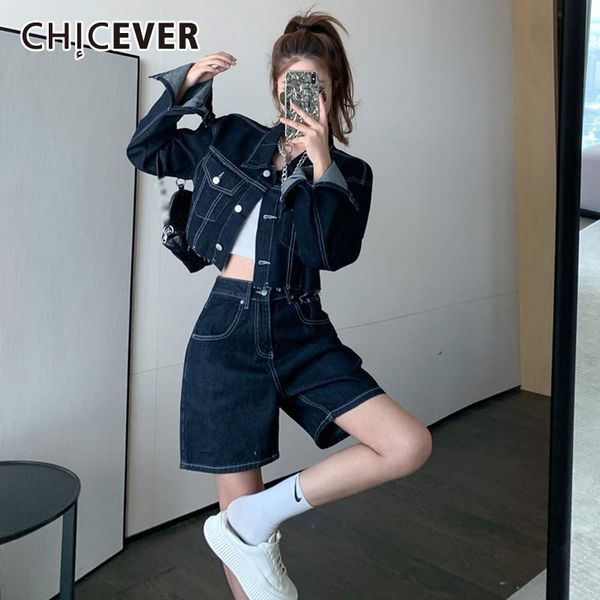 

women's tracksuits chicever solid denim women sets lapel long sleeve patchwork tassel high waist straight shorts suit 2021 autumn style, Gray