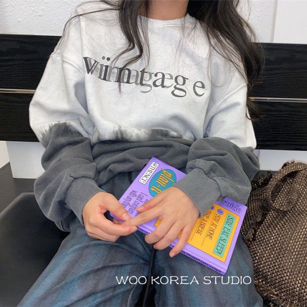 

women's hoodies & sweatshirts korean youth tie-dye clothing double shadow letter pullover plus veet round neck hoodie women size winter, Black