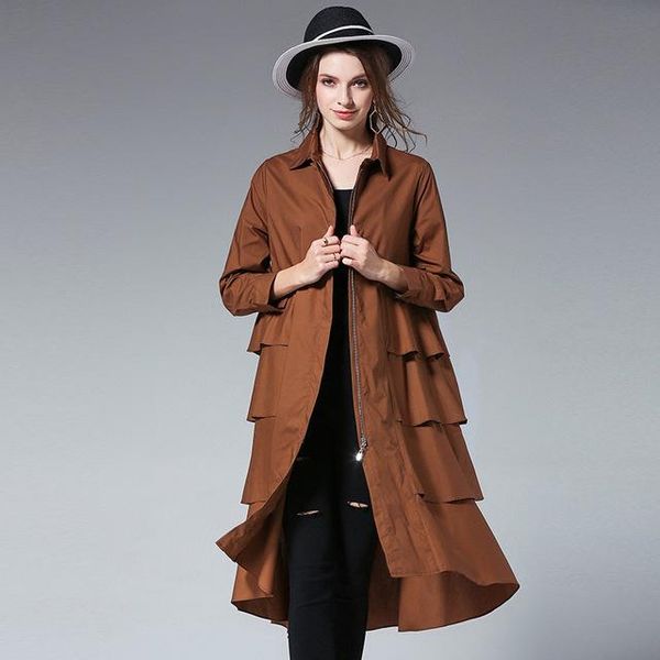 

women's trench coats spring mid long ruffle coat, Tan;black