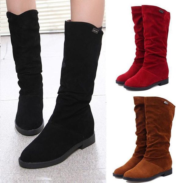 

autumn spring women boots matte flock for female ladies height increased low heel shoes lady mid calf high plus 40, Black