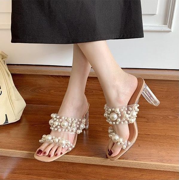 

slippers transparent pvc string bead shoes woman fashion open toe crystal heels slides beach sandale ladies sandalias, Black