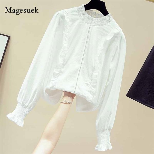 

autumn long flare sleeve lotus leaf collar women blouse korean style solid white pullover spliced shirt blusas mujer 11166 210518