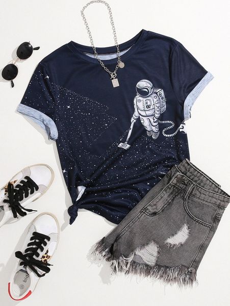 

plus galaxy & astronaut print tee s6dw#, Black