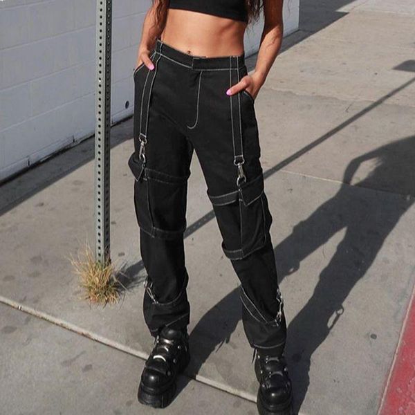 

women's pants & capris 2021 autumn fashion streetwear open line loose comfortable pocket high waist overalls urban leisure straight lon, Black;white