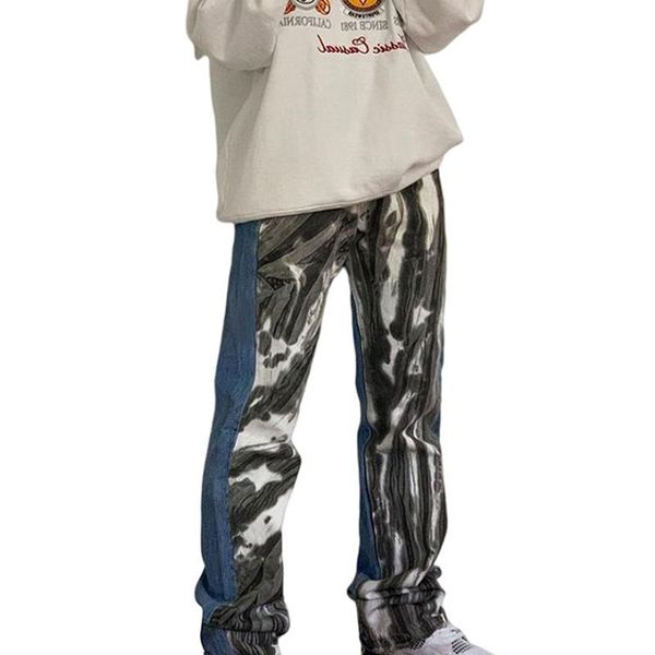 

women's jeans spring fall female trousers floral print high waist long straight-leg pants with pockets, Blue