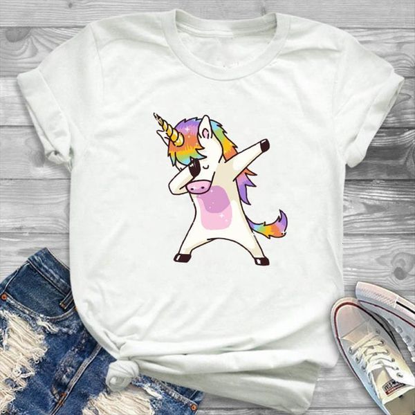 

cartoon shy unicorn printed womens t shirt short sleeve tee clothes graphic, White