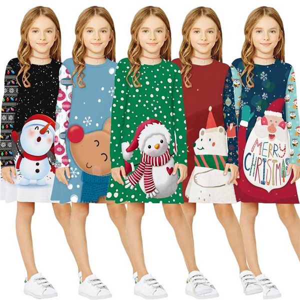 

6-13 years girls christmas dress autumn cartoon santa claus and unicorn children clothing big size kids home party clothing 211224, Red;yellow