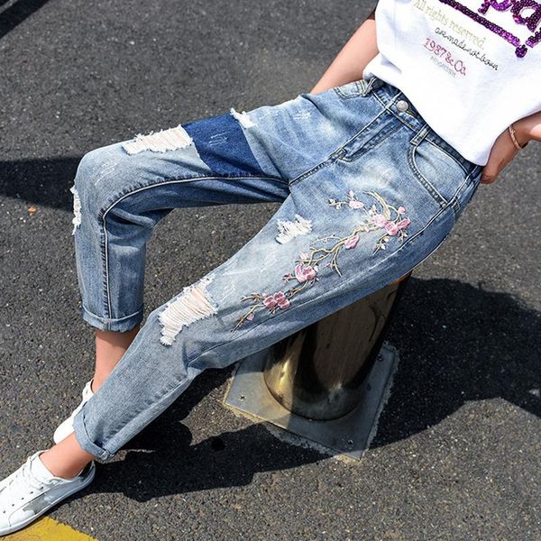 

women's jeans summer embroidery ripped woman elastic waist harem pants femme ankle length denim with holes mujer loose casual, Blue