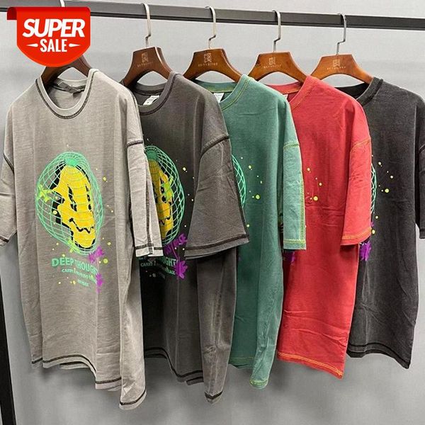 

oversize loose open line hit color smiley face foam printing short-sleeved retro washed and old bottoming t-shirt for men women #ms2r, White;black