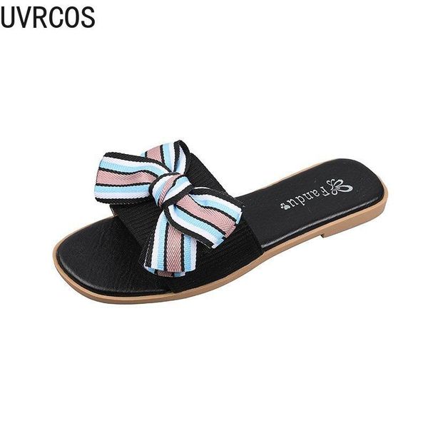 

casual women's slippers fashion all-match vamp striped bow design trend outdoor small fresh temperament shoes, Black