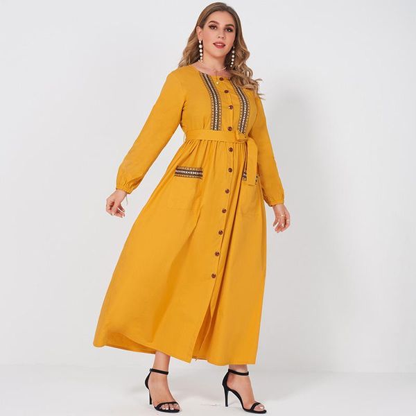 

casual dresses fashion antique yellow woven ribbon ethnic embroidery stitching sashes long sleeve women holiday party plus size, Black;gray
