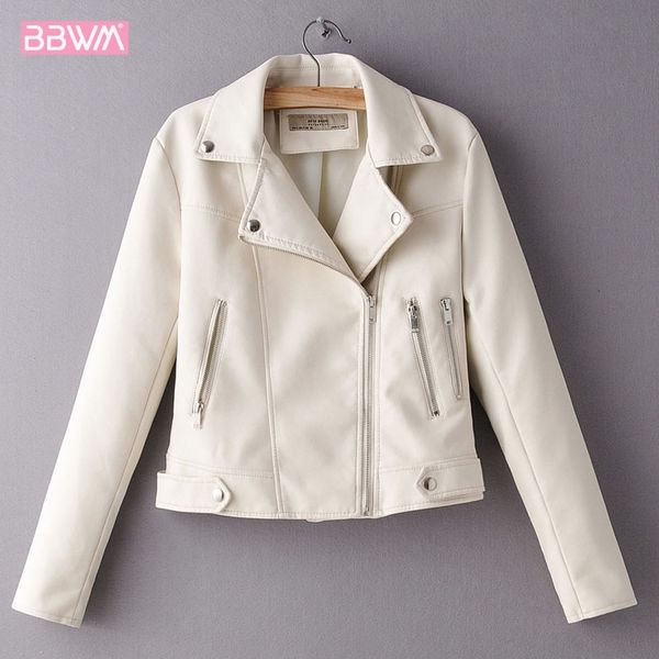 

pu beige long-sleeved lapel simple basic locomotive women's jacket autumn slim zipper chic female coat red black 210507