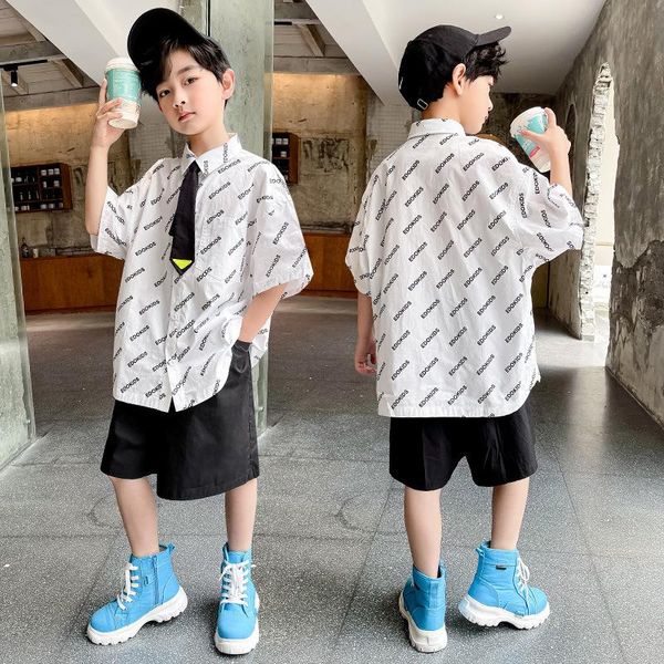 

clothing sets 2021 boy set summer children clothes teen letter print shirt + black shorts pants 2pcs loose suit, White