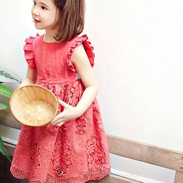 

girl's dresses girls lace dress summer 2021 korean children princess kids vest 4-11 year, Red;yellow