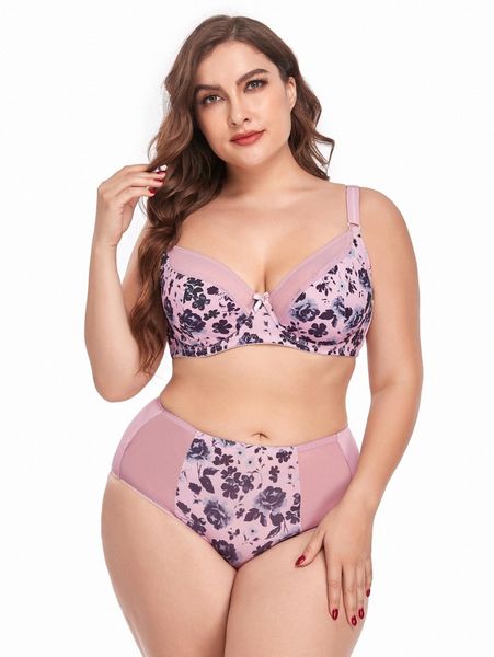 

plus floral print underwire lingerie set 85bz#, Black;white