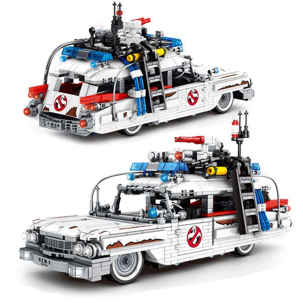 1126pcs 1:18 High-Tech Ghostbusters Ecto-1 Racing Car Building Blocks Pullback Expert Movie Fahrzeug Steine Spielzeug für Kinder x0503