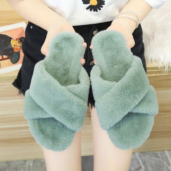 

home shoes women house slippers warm faux fur ladies cross soft plush furry female open toe slides fashion, Black