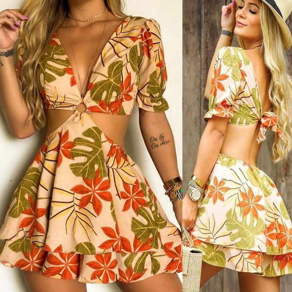 

skirts 2021 summer fashion casual women short sleeve dress, green orange leaves printed pattern hollow out ,s/ m/ l/ xl, Black