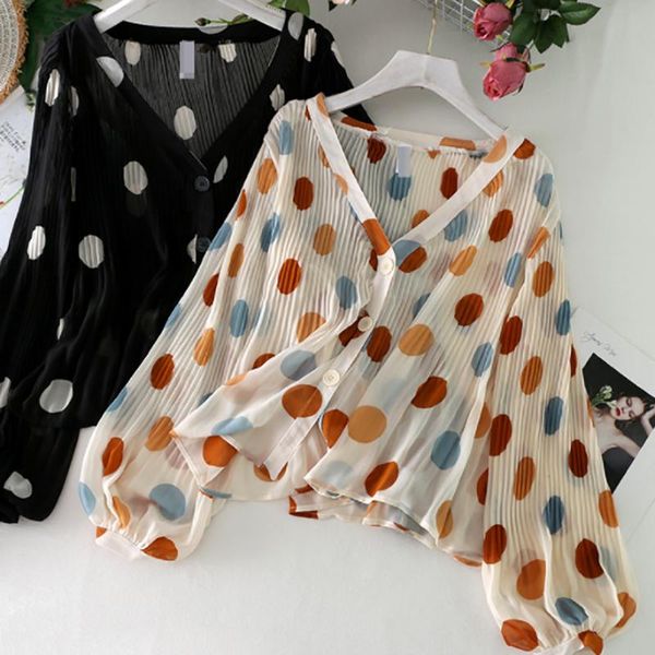 

women's jackets summer polka dot v-neck pleated woman sunscreen shirt lantern sleeve loose chiffon women button cardigan, Black;brown