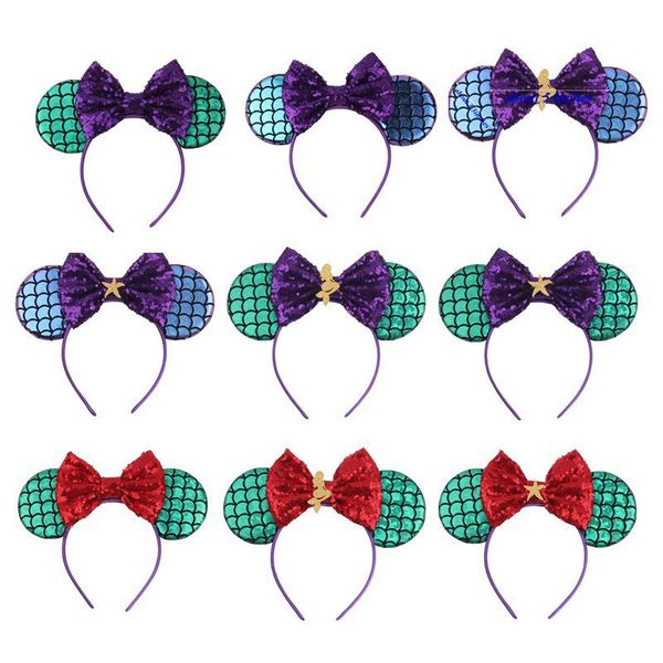 

baby headband with sequin big bow mouse ear fish scale mermaid christmas halloween glitter boutique for girl boy xmas elastic hair head band, Slivery;white
