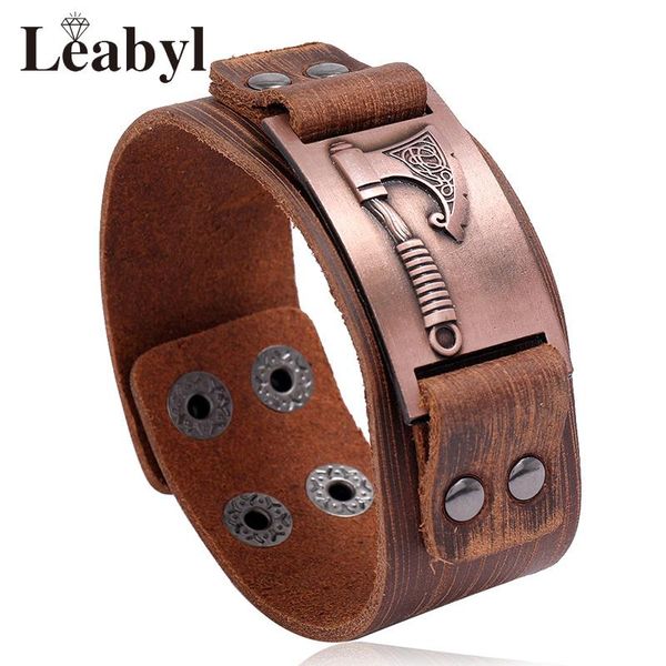 

tennis leabyl antique tomahawk rivet leather strap vintage bracelet for men boy gift wide buckle adjustable punk style casual, Golden;silver