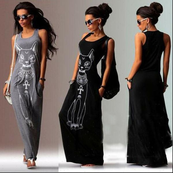 

cat print boho long womens dresses casual sleeveless vest evening party beach sundress, Black;gray