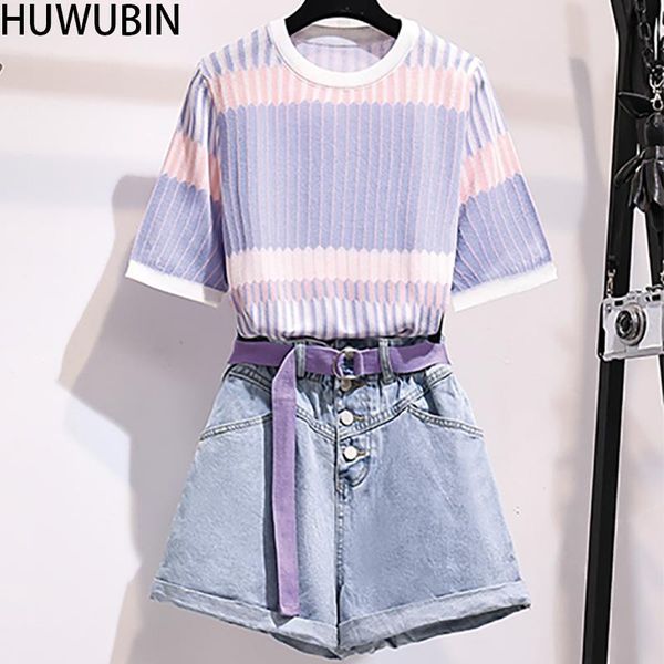 

women's tracksuits 2021 summer korean chic round neck fashion with striped salting out fried street denim shorts two-piece set, Gray