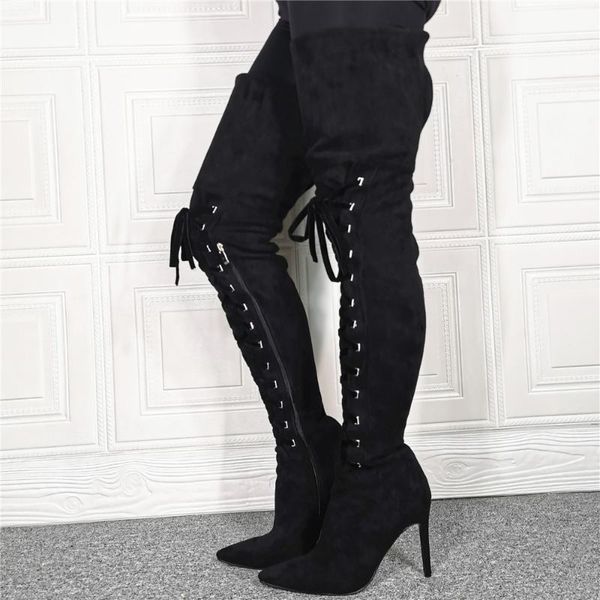 

boots 2021 winter latest stretch suede black women over knee high cross lace up heeled fashion modern stiletto