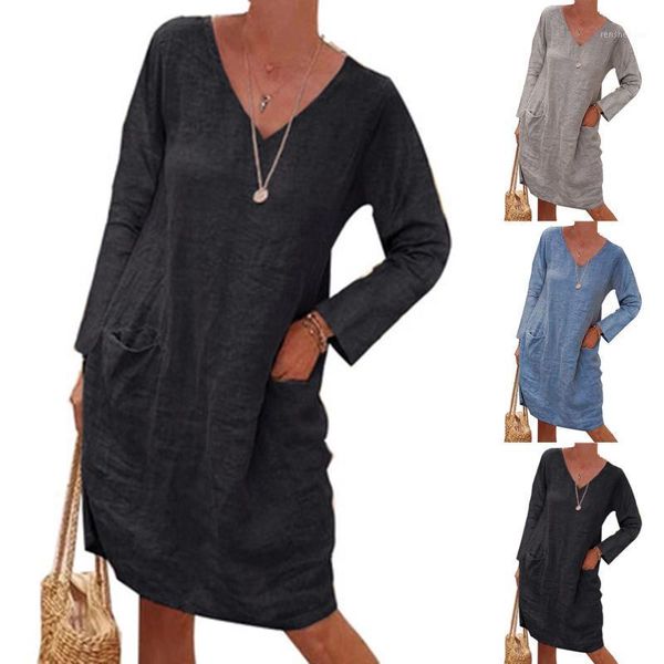 

casual dresses women large size boho dress ladies cotton linen solid color daily fashion female loose pockets mini vestidos, Black;gray