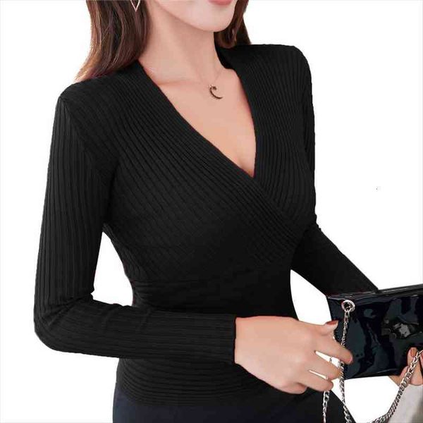 

korea deep v neck sweater womens pullover casual slim bottoming sweaters female elastic cotton long sleeve femme, White;black