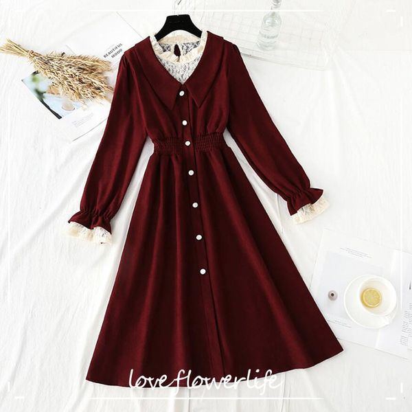 

vintage lace stitching corduroy dresses spring a-line midi long dress women high waist vestido elegant dress 210521, Black;gray