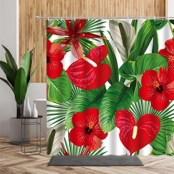 

shower curtains green leaf red flower bathroom curtain tropical plant creative decor spring floral leaves european style 3d bath