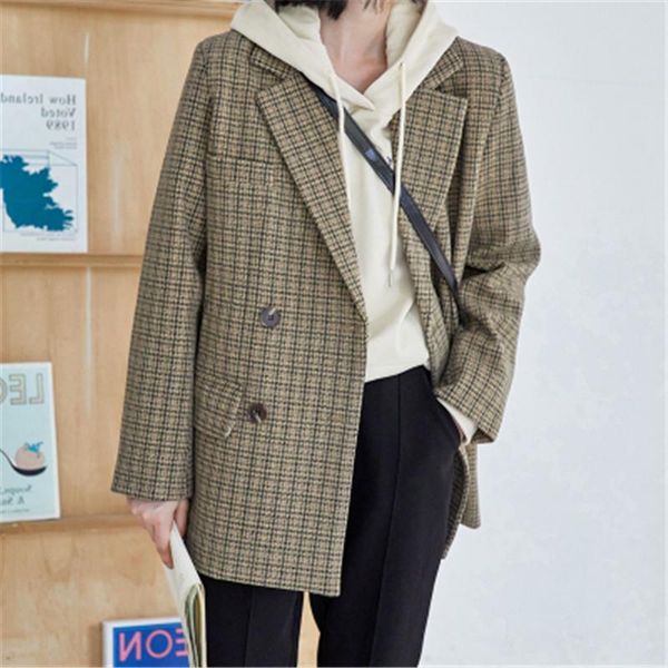 

houndstooth suit jacket women fall winter korean casual loose straight single breasted suits coat retro woolen blazers femme women's &, White;black