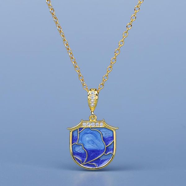 

chains exquisite women's jewelry blue epoxy pendant necklace 18k gold clavicle chain handmade enamel sweater, Silver