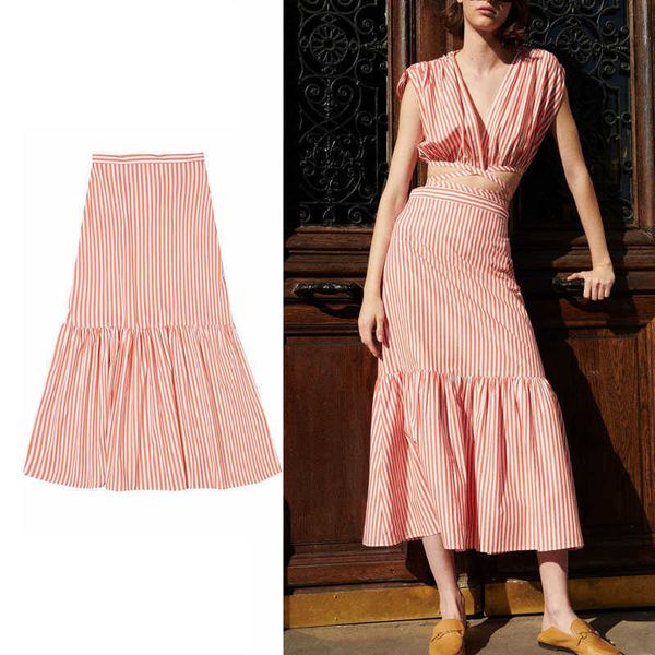 

za striped pink summer skirt women high waist pleat elegant midi skirts feminine fashion back zip ruffle skrit 210602, Black