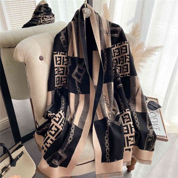 

design 2021 new scarf women's versatile chain tassel shawl autumn and thick imitation cashmere double-sided bib, Blue;gray