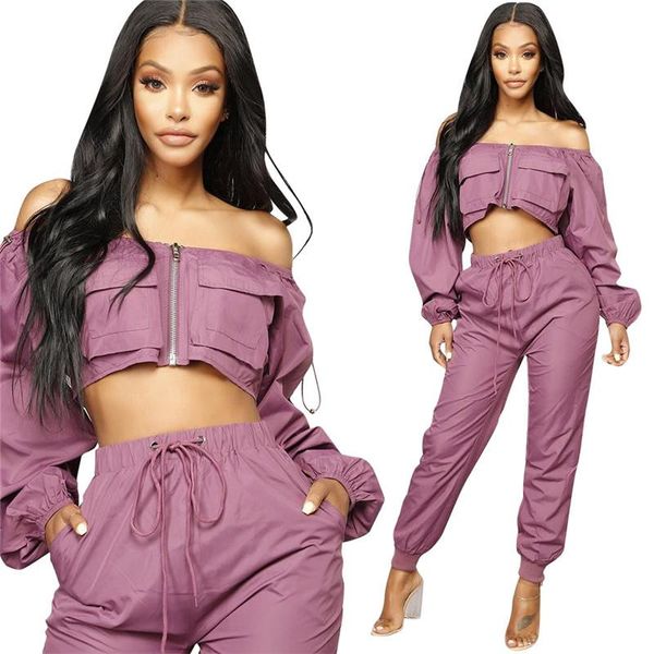 

off shoulder 2 piece set women tracksuit zip front crop + drawstring pant sportwear casual two outfit sets sweat suits dress, White