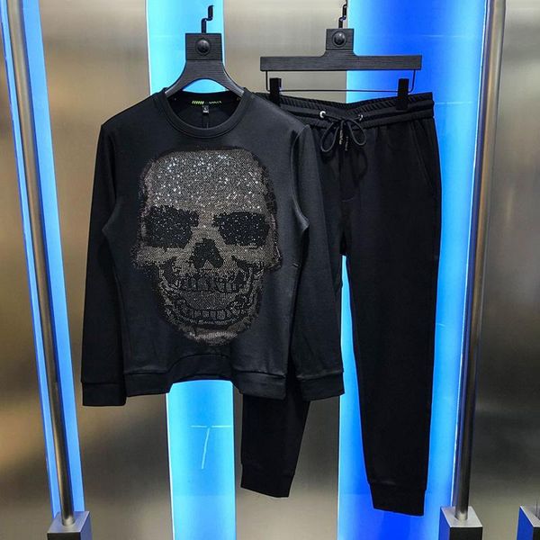 

men's tracksuits black oversized sets slim sweatshirt diamond big skull brand autumn winter plus velvet tracksuit, Gray