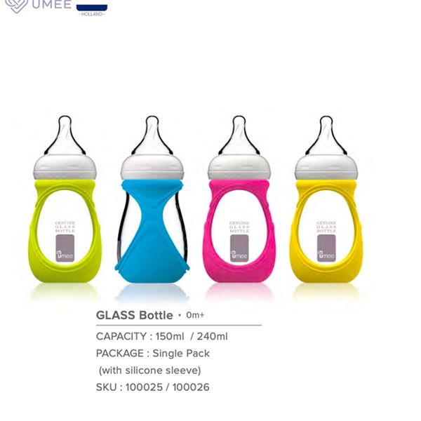 Umee 240 ml Baby-Milchflasche aus Glas mit buntem Tropfenschutz, Anti-Kolik-Flasche mit internationalem Patent-Mother-Touch-Sauger 211023