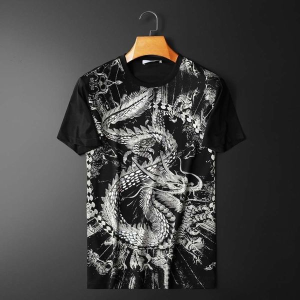 

2021 summer dragon print short sleeve t-shirt for men, White;black