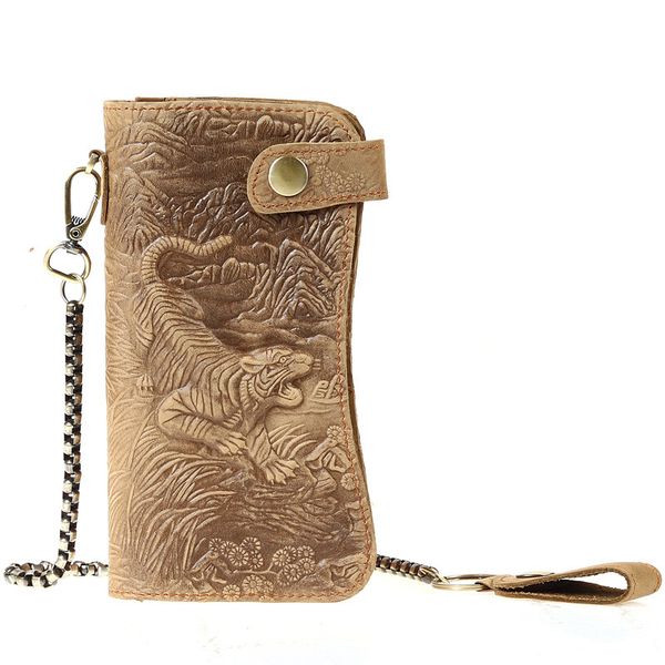 

wallet tiger leather long men's crazy horse hand bag chain, Red;black