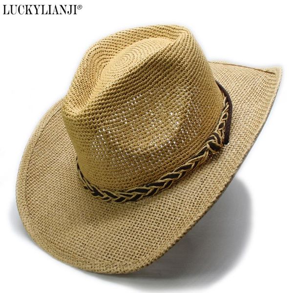 

stingy brim hats luckylianji women's men's unisex's hard raffia hollow wide sun beach cowboy hat braided leather band (56-58c, Blue;gray
