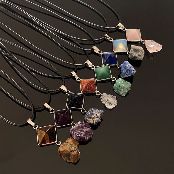 

reiki healing chakra stone pendulum mineral rock crystal charm natural amethysts lapis tiger eye pyramid quartz pendant necklace, Silver
