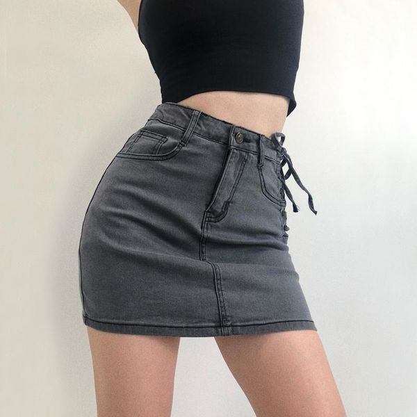 

skirts women denim skirt with side lace up four colours, Black