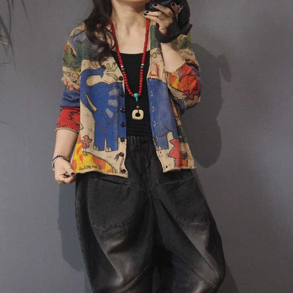 

women's sweaters single breasted short women autumn knitted casual cardigan long sleeve deep v neck cartoon printing female khaki sweat, White;black