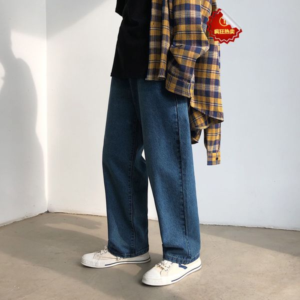 

korean straight jeans mens fashion solid color retro casual jeans pants men streetwear wild loose hip hop denim trousers mens, Blue